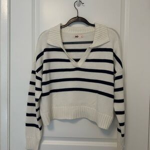 SO White and Navy Striped V-Neck Collared Sweater